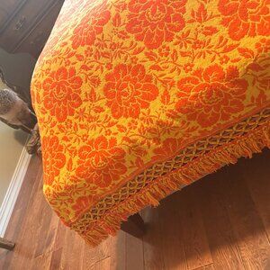 Vintage 1960s Orange & Gold Jacquard Bedspread Fringe Spanish Heavy Coverlet Dbl
